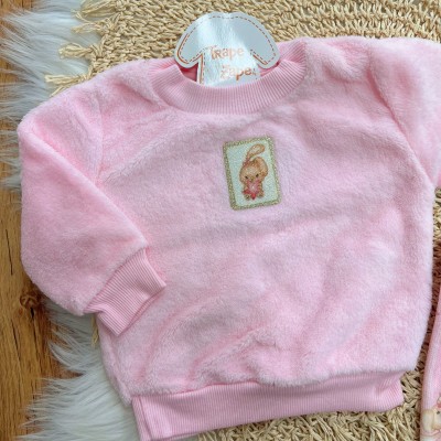 Conj. Casaco de Pelinho Coelhinha com Estrela e Calça em Plush - Rosa